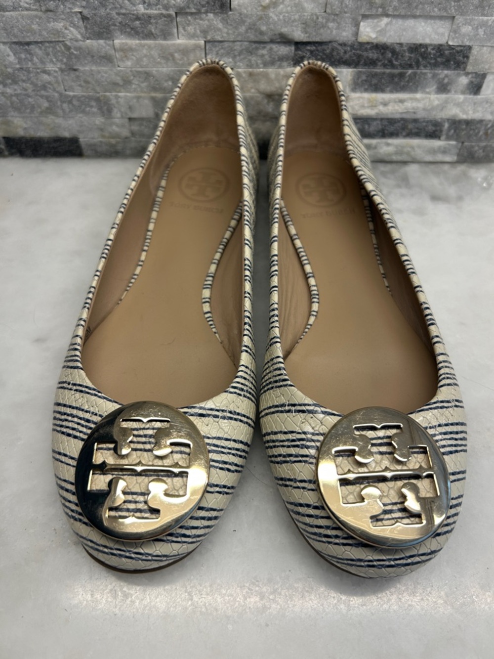 Tory Burch Reva Ballet Flats Cream and Navy Striped